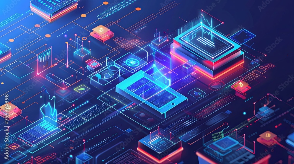Poster Futuristic Financial Technology and Data Visualization An isometric illustration of advanced fintech with glowing 3D digital elements and data analytics visualization.


