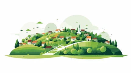 Fotobehang The small town on a green hill background flat vector © Blue