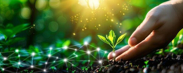 Hand Nurturing Young Plant with Digital Network A nurturing hand tends to a young sapling sprouting from rich soil, overlaid with a glowing digital network.