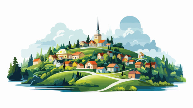 The small town on a green hill background flat vector