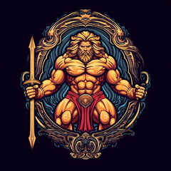 Strong and Muscular God with Weapon for T-Shirt Design. Mythology God Illustration