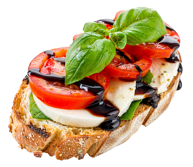 Caprese sandwich with fresh mozzarella, sliced tomatoes, basil leaves, and balsamic glaze on crusty Italian bread, isolated on a transparent background
