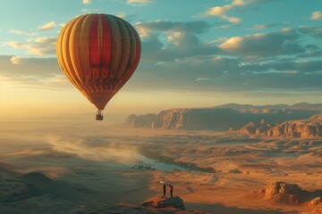 Hot air balloon flying over desert with man standing on rock against clear blue sky evening sunset background