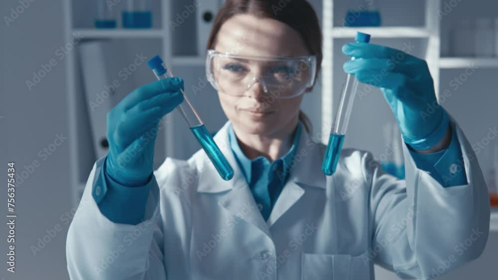 Poster Qualified biochemist in a clinical environment where the development of pharmaceuticals is studied. Purpose rigorous sample analysis in transparent environment and importance accuracy and safety.
