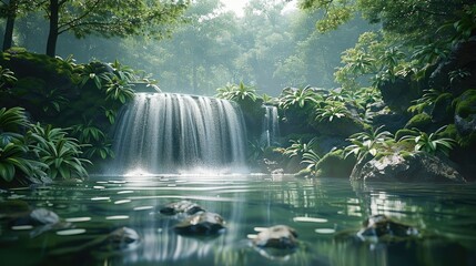 Fototapeta premium A waterfall in a lush forest setting. Generative AI.
