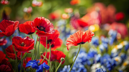 Vibrant Red Poppies Amidst Blue Blossoms in a Lush Garden - obrazy, fototapety, plakaty