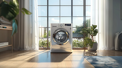 A washer with window view in spacious room. Generative AI. - obrazy, fototapety, plakaty