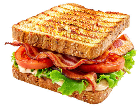 Classic BLT (Bacon, Lettuce, and Tomato) sandwich with mayonnaise on toasted bread, isolated on a transparent background.