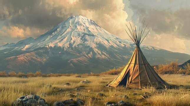 Mountain Retreat: Immerse yourself in the tranquil beauty of nature as an Indian tent rests gracefully upon lush green g Seamless looping 4k time-lapse virtual video animation background. Generated AI