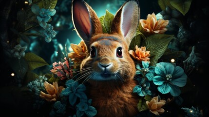 head of an unusual rabbit between flowers
