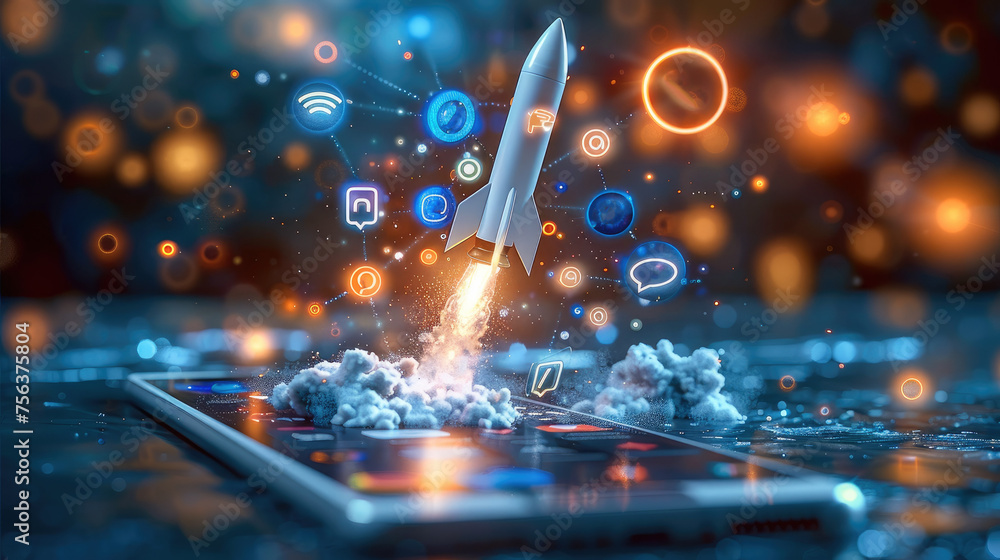 Poster social media symbols fly everywhere as a rocket shoots from a smartphone. generative ai.