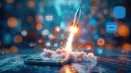 Social media symbols fly everywhere as a rocket shoots from a smartphone. Generative AI.