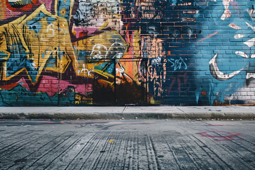 Colorful graffiti on urban brick wall