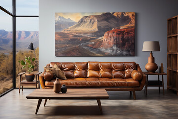 Modern living room with large painting above a brown leather sofa. Modern and elegant interior design, front image, canvas