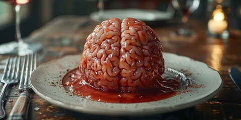 Brain on the plate with red sauce poured over it, Healthy food for your thoughts