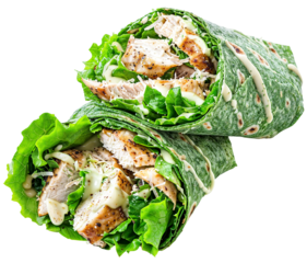 Chicken Caesar wrap with grilled chicken, romaine lettuce, Parmesan cheese, and Caesar dressing in a spinach tortilla, isolated on a white background