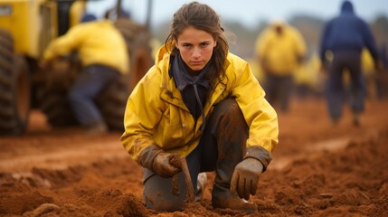 A girl in a yellow jacket in the process of working in the field