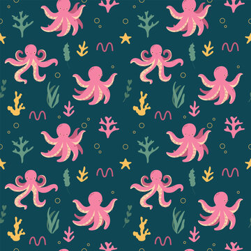 Cute cartoon octopuses seamless pattern. Marine and oceanic fauna and flora. Sea bottom
