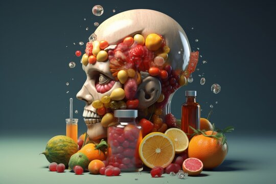 still life with fruits human silhouette brain healthy concept  3d