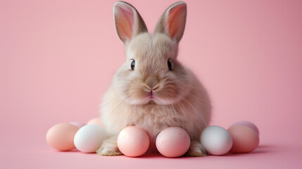 a funny rabbit sits next to some Easter eggs - obrazy, fototapety, plakaty