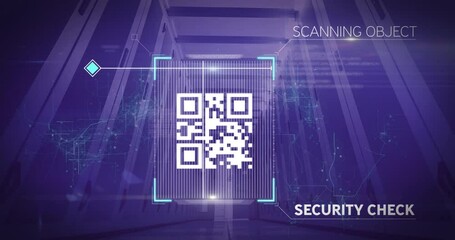 Animation of data processing and qr code scanning over server room - Powered by Adobe