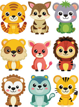 set of animal stickers vector illustration, vector set of forest cartoon animals,  