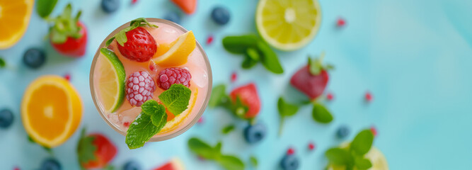 Summer refreshing drinks, fruit and berry mojito or lemonade with fresh mint, frozen berries, slices of lemon and orange, ice, on a light blue background. copy space top view