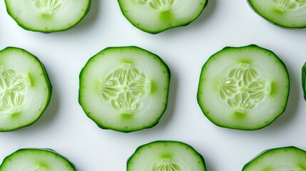 Cucumber Fresh slices isolated on white background pattern closeup, minimal. Summertime concept banner, cucumber for grocery product package, advert