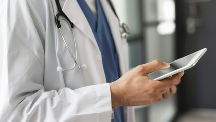 Health professional focused on a tablet, wearing lab coat and stethoscope in a clinic.