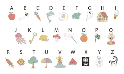 Funny alphabet with pictures A to Z letters learn to read primary school first grade vector illustration isolated on white. Groovy hand drawn back to school education print poster postcard design.