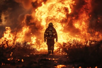 Fototapeta premium A firefighter walks towards a massive blaze, fully geared and ready for action