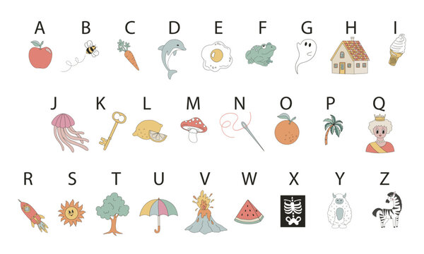 Funny alphabet with pictures A to Z letters learn to read primary school first grade vector illustration isolated on white. Groovy hand drawn back to school education print poster postcard design.