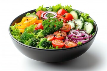 Vegetables salad on plate isolated on white background. Vegetarian healthy salad with lettuce, tomato, cucumber, radish. Vegan fresh mixed meal for restaurant, menu, advert or package, close up.