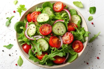 Vegetables salad on plate, marble background. Vegetarian healthy salad with lettuce, tomato,...