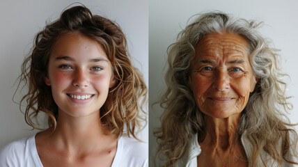A diptych contrasting the joyful youthfulness and seasoned beauty of life stages. - obrazy, fototapety, plakaty