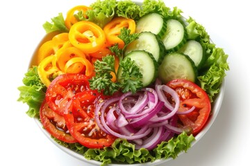 Vegetables salad on plate isolated on white background. Vegetarian healthy salad with lettuce, tomato, cucumber, onion. Vegan fresh mixed meal for restaurant, menu, advert or package, close up.