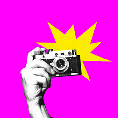 Poster. Contemporary art collage. Hand holds retro photo camera in monochrome filter against pink...