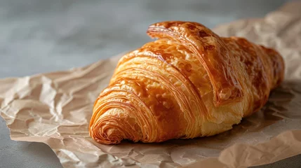 Fotobehang Croissant Fresh Baked on marble background, minimal, delicious. Ultra realistic croissant, icon, detailed for cafe product, package, menu, advert © Happy Lab