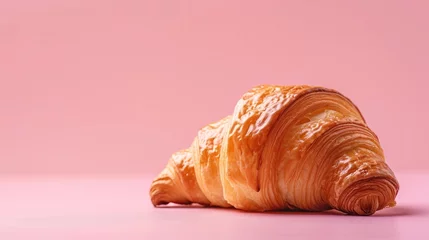 Schilderijen op glas Croissant Fresh Baked on pink background, minimal, delicious. Ultra realistic croissant, icon, detailed for cafe product, package, menu, advert © Happy Lab