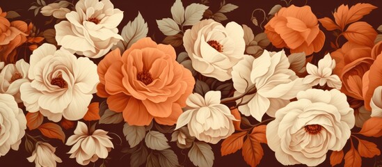 Roses pattern with Victorian-style flowers in orange hues. Vintage floral design with retro botanical bouquet.