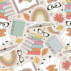 Funny cartoon spooky ghost pupil in glasses with books vector seamless pattern. Groovy hand drawn back to school education background. - 756377895