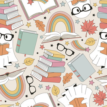 Funny cartoon spooky ghost pupil in glasses with books vector seamless pattern. Groovy hand drawn back to school education background.