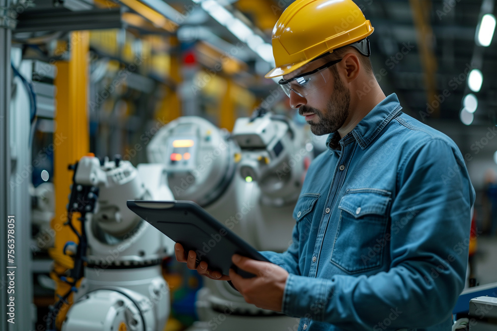 Poster Engineer with tablet pc operating robotic arm in factory