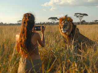 Woman taking photo with her smartphone of a Lion in the Savana doing a Safari