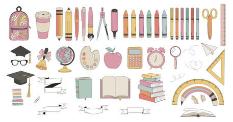 Hand drawn school supplies for students backpack pencil pen globe calculator textbook etc vector illustration set isolated on white. Groovy back to school education print collection.