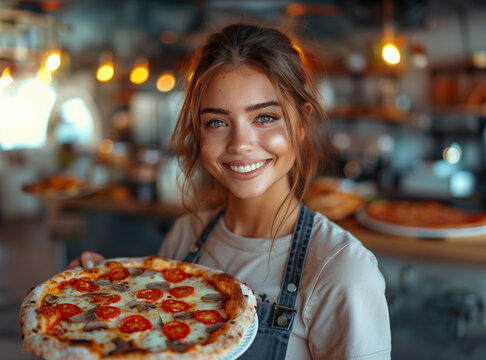 Woman holding a home made pizza smiling in italy