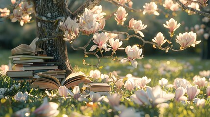 Beautiful magnolia tree on the grass with some books scattered. Generative AI.