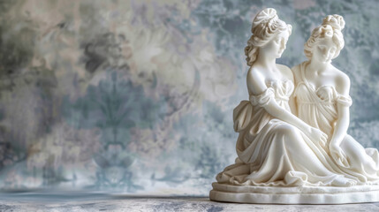 Classical sculpture of two women in ethereal setting