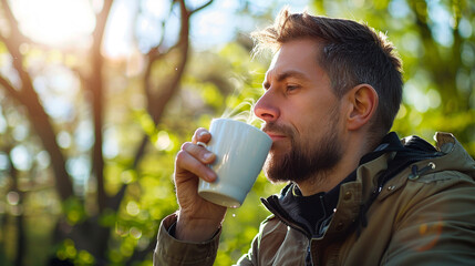 Young man drinking coffee in spring park.  - Powered by Adobe