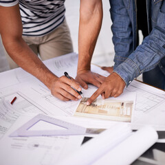 Architecture, consulting and hands of business people on blueprint, paperwork or floor plan for...